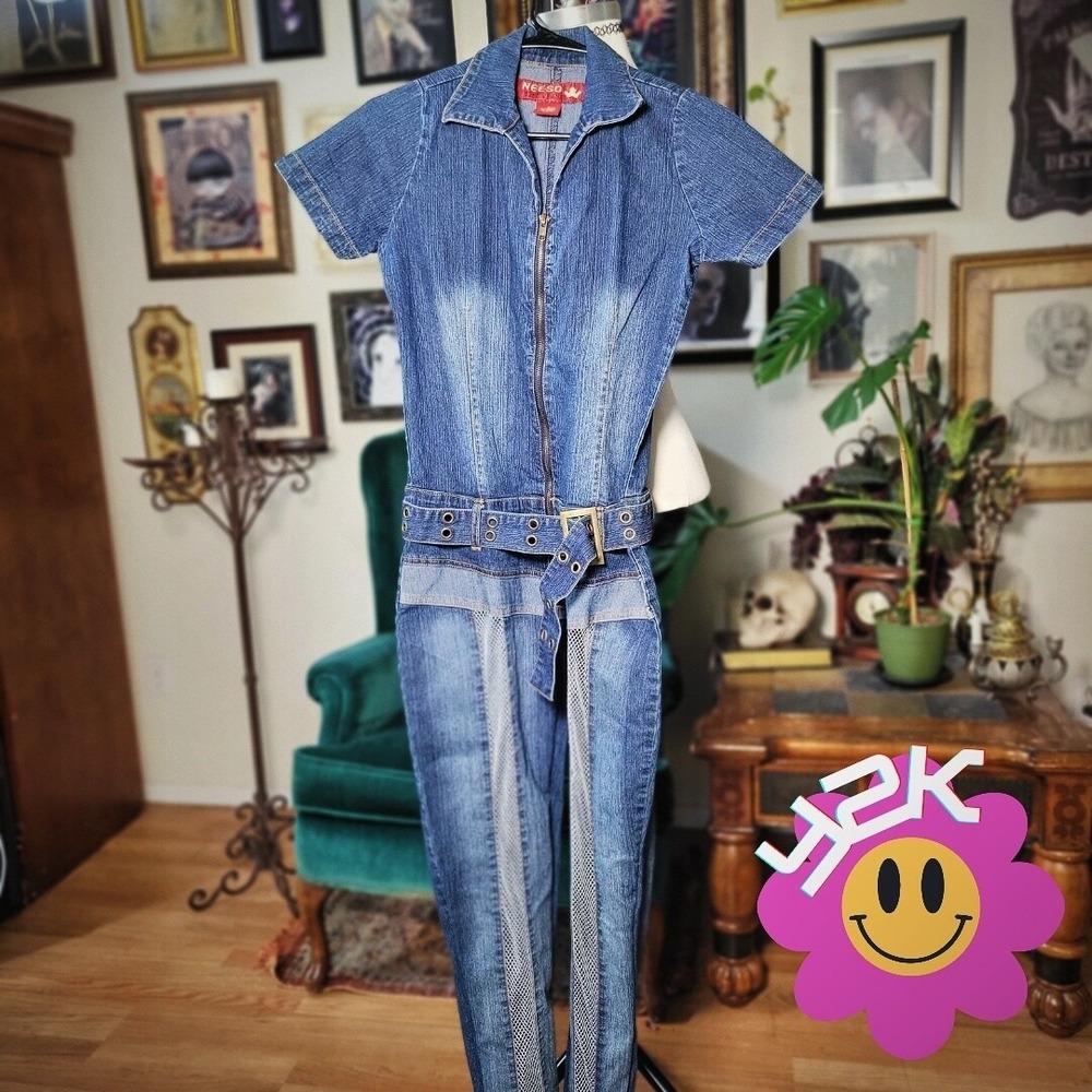 Vintage‎ Y2K NEESO Denim Jumpsuit Blue Stretch Zip Front Belted Romper 9